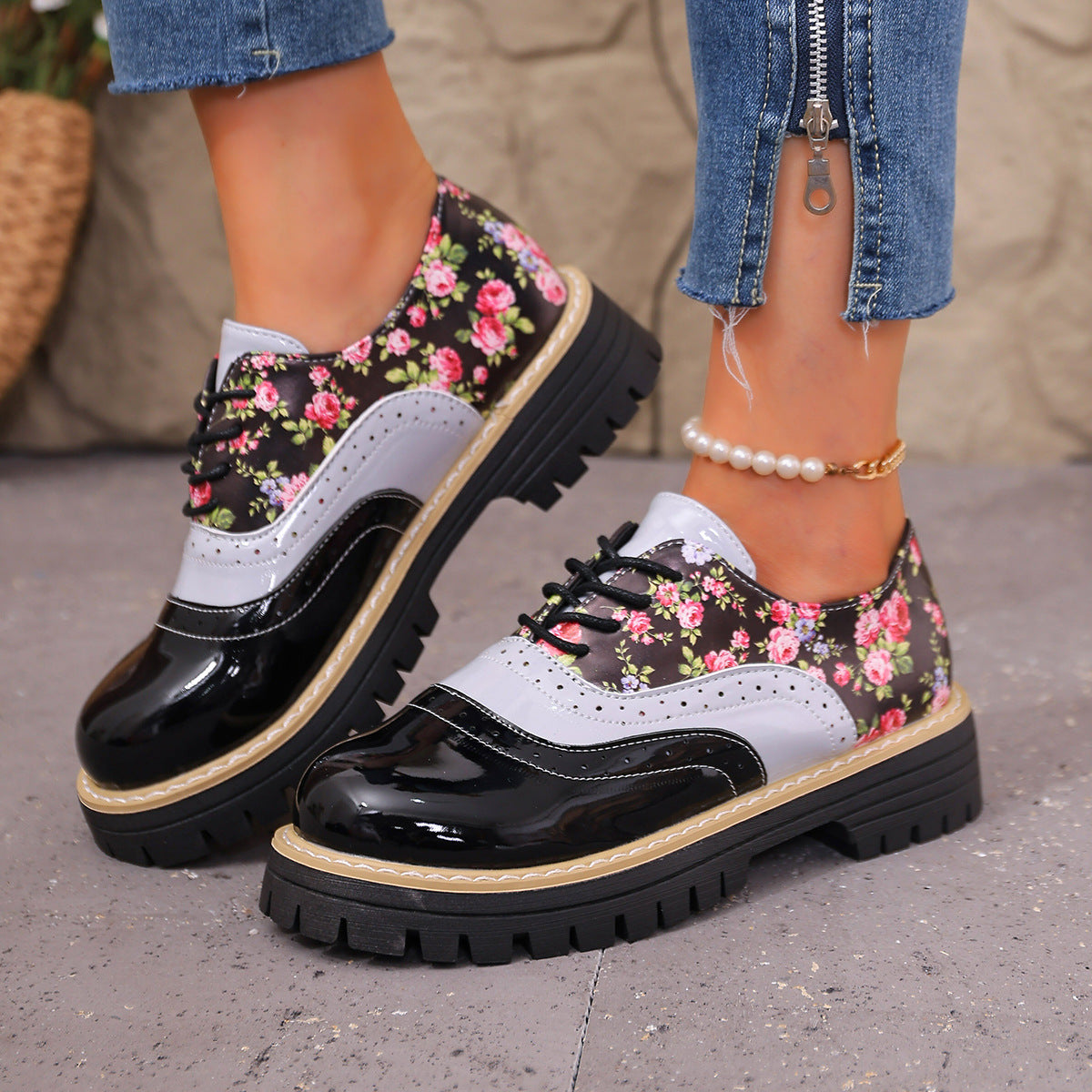 Bootara Women's Maribel Floral Brogue Shoes – Color-Block Chunky Platform Lace-Up Oxfords with Lug Sole (US 5–10.5)