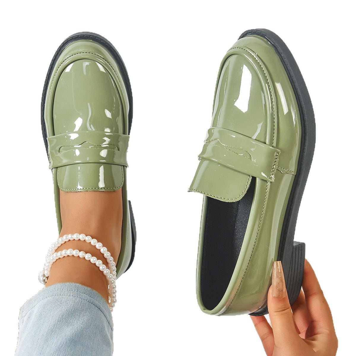 Bootara Women's Plus Size Gloss Chunky Heel Loafers Lacquer-Finish Slip-Ons