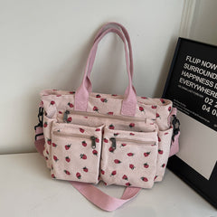 Bootara Women's Corduroy Cherry Print Tote Bag – Versatile Women's Strawberry Shoulder & Crossbody Large Capacity Mommy Bag
