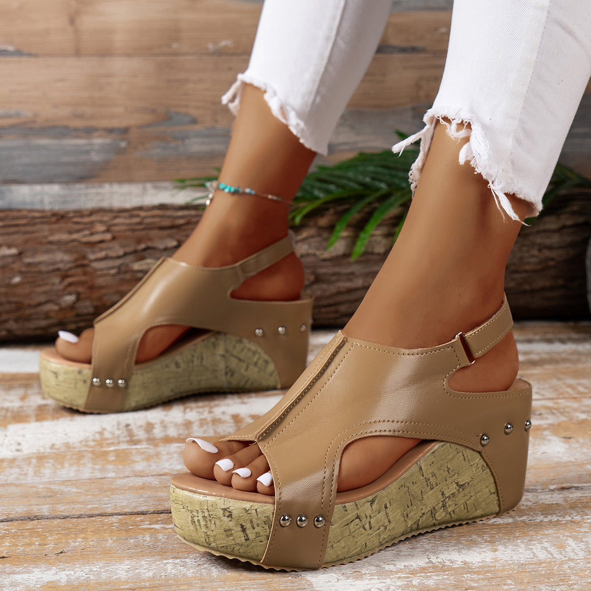 Bootara Women's Boho Roman Gladiator Sandals - Peep Toe Platform Wedge with Hook-and-Loop Closure, Retro Strappy Design