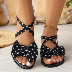 Bootara Women’s Bellevia Polka Dot Bow Flat Sandals – Cross Strap Cute Peep Toe Summer Shoes (US 5–10.5)