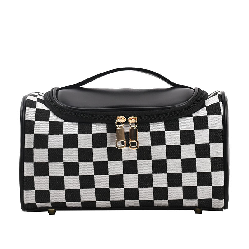 Bootara Women's Large Checkered Makeup Organizer – Oversized Travel Toiletry Bag with Zippered Pockets & Detachable Strap | Waterproof Patchwork Cosmetic Case