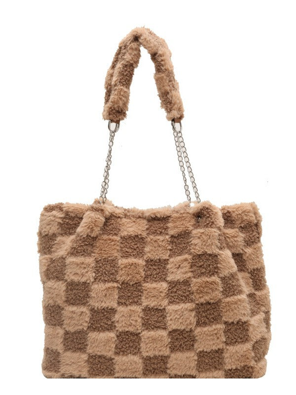 Bootara Women's Large-Capacity Plush Handbag | Trendy Quilted Chain Shoulder Bag with Patchwork Design