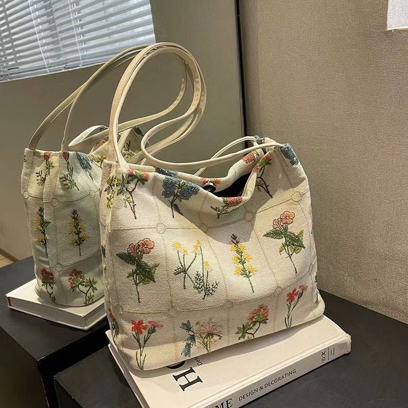 Bootara Women's Atelier Bloom Bucket — Artisan-Embroidered Canvas Commuter Tote with Structured Base & Dual Carry