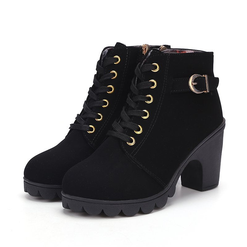Bootara Women's Buckle Decorated Chunky Heel Ankle Boots - Side Zipper & Lace-Up Round Toe Mid-Calf Equestrian Boots (US 4-10)
