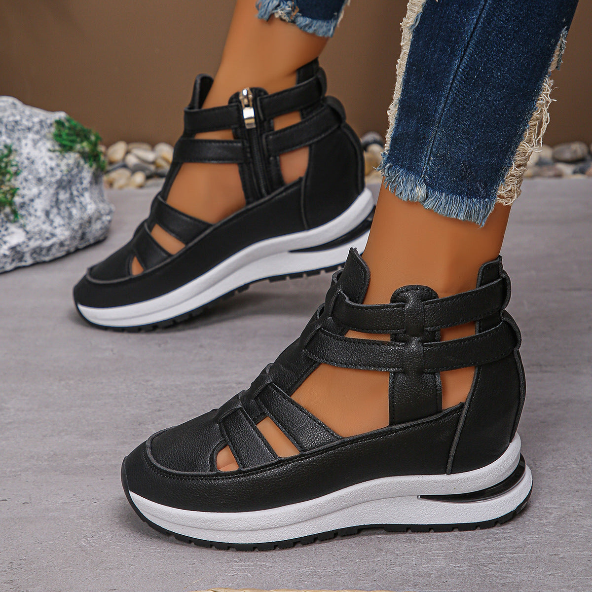 Bootara Women’s Plus Size Sporty Platform Sandals - Side Zipper Closed-Toe Sneaker Sandals with 7cm Height Boost