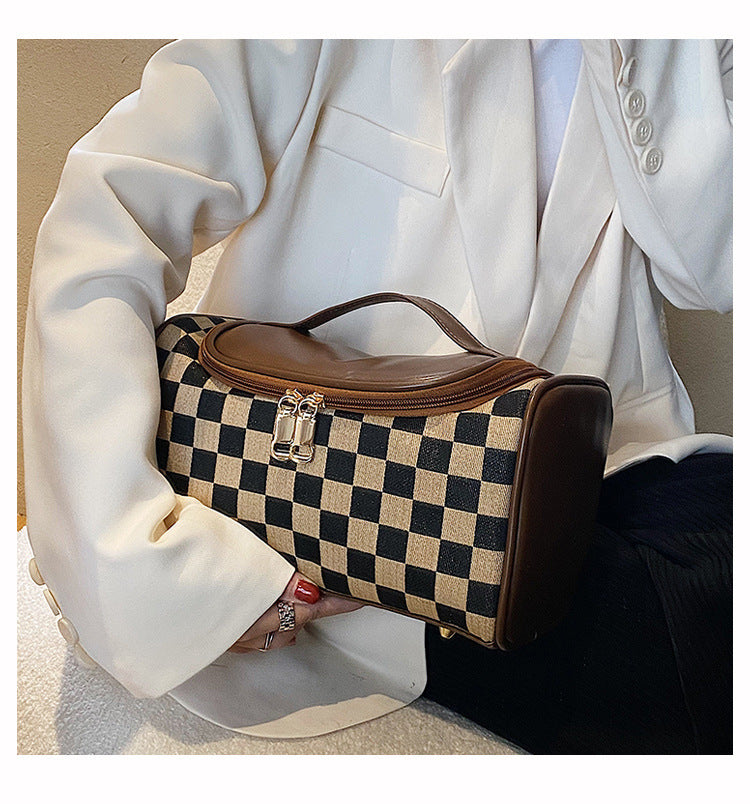 Bootara Women's Large Checkered Makeup Organizer – Oversized Travel Toiletry Bag with Zippered Pockets & Detachable Strap | Waterproof Patchwork Cosmetic Case