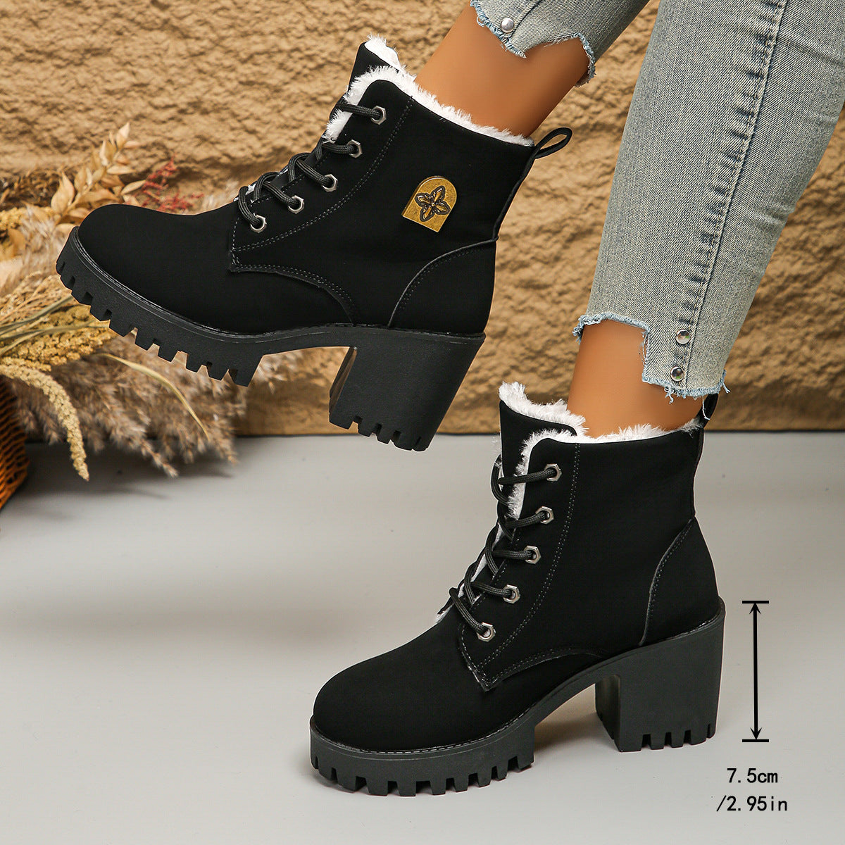 Bootara Women's Alpine Luxe Combat Boot - Chunky Sole Mid-Heel Weatherproof Ankle Boots with Faux Fur Lining & Classic Lace-Up Design (US 4-10)