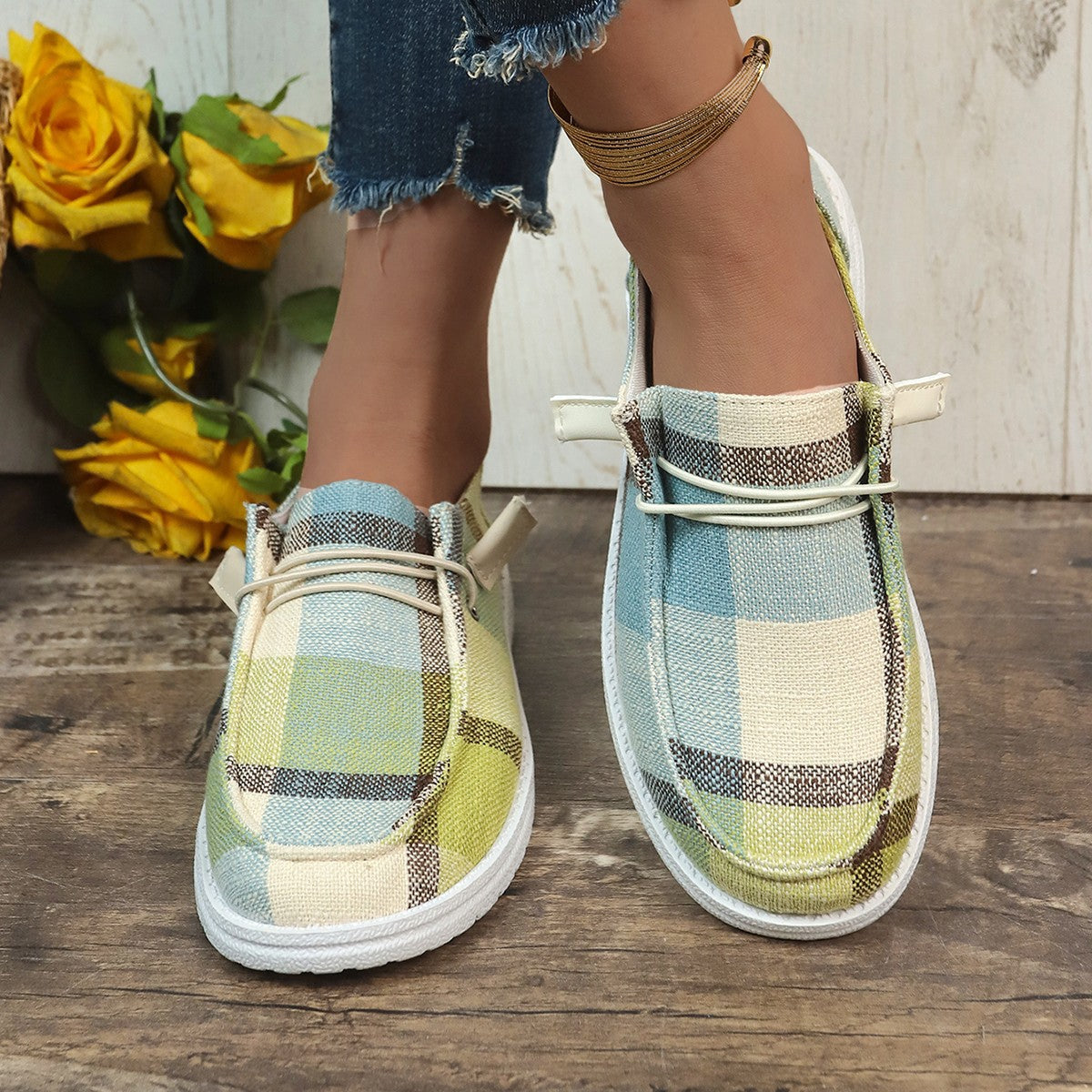 Bootara Women’s Heritage Check Slip-On — Vintage-Inspired Canvas Boat Shoe with CloudWalk Cushion & Extended Sizes (Up to US 10.5)