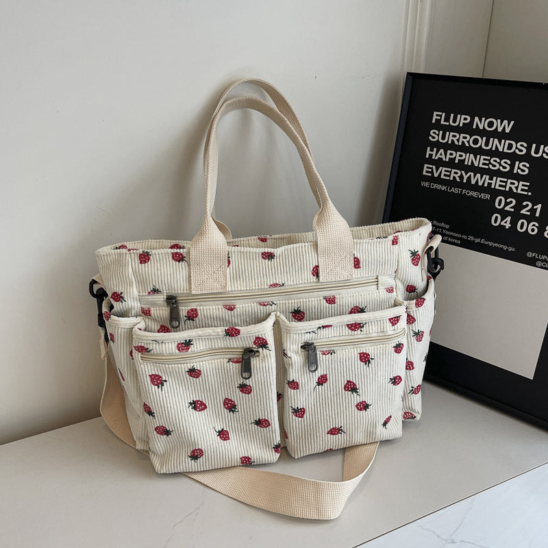 Bootara Women's Corduroy Cherry Print Tote Bag – Versatile Women's Strawberry Shoulder & Crossbody Large Capacity Mommy Bag