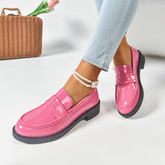 Bootara Women's Plus Size Gloss Chunky Heel Loafers Lacquer-Finish Slip-Ons