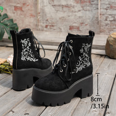 Bootara Women's Elfin Platform Ankle Boots - Embroidered Chunky Heel  Fall Winter Short Boots (US 4-10)
