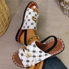 Bootara Women's Plus Size Single-Strap Canvas Sandals - Hand-Stitched Round-Toe Flats with Metallic Buckle