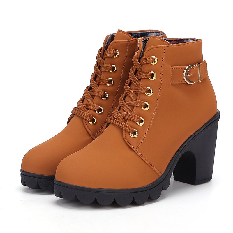 Bootara Women's Buckle Decorated Chunky Heel Ankle Boots - Side Zipper & Lace-Up Round Toe Mid-Calf Equestrian Boots (US 4-10)