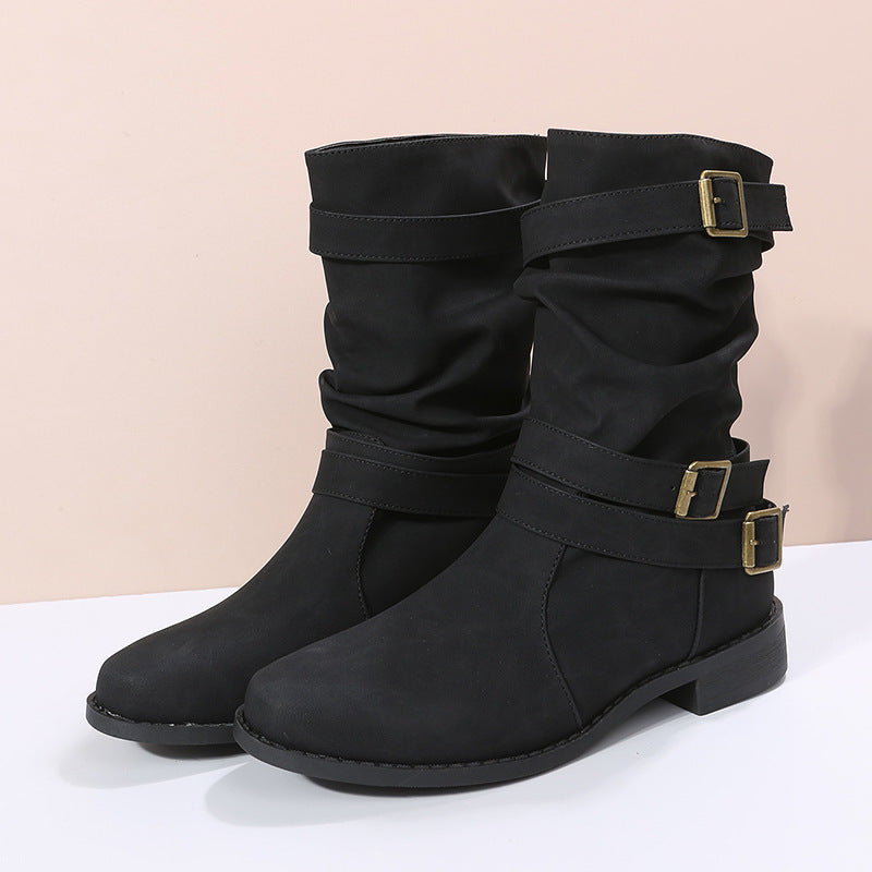 Bootara Women's Matte PU Buckle-Detailed Slouch Boots - Crushed Texture Stacked Mid-Calf Flat Boots (US 5-10.5)
