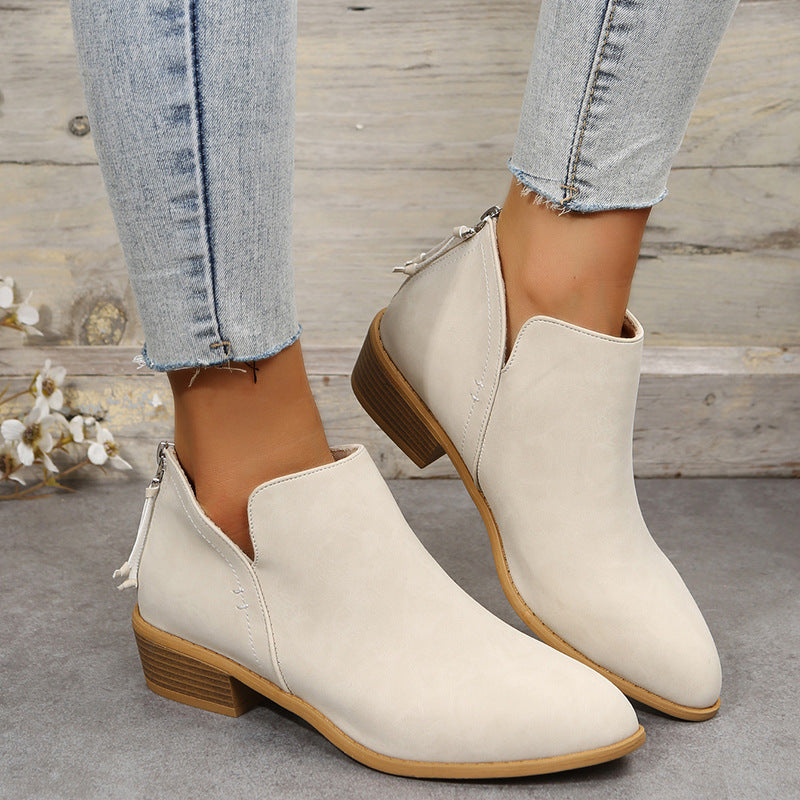 Bootara Plus Size Women's British-Inspired Solid-Color Pointed Toe Casual Fashion Boots with Rear Zipper & Low Chunky Hee