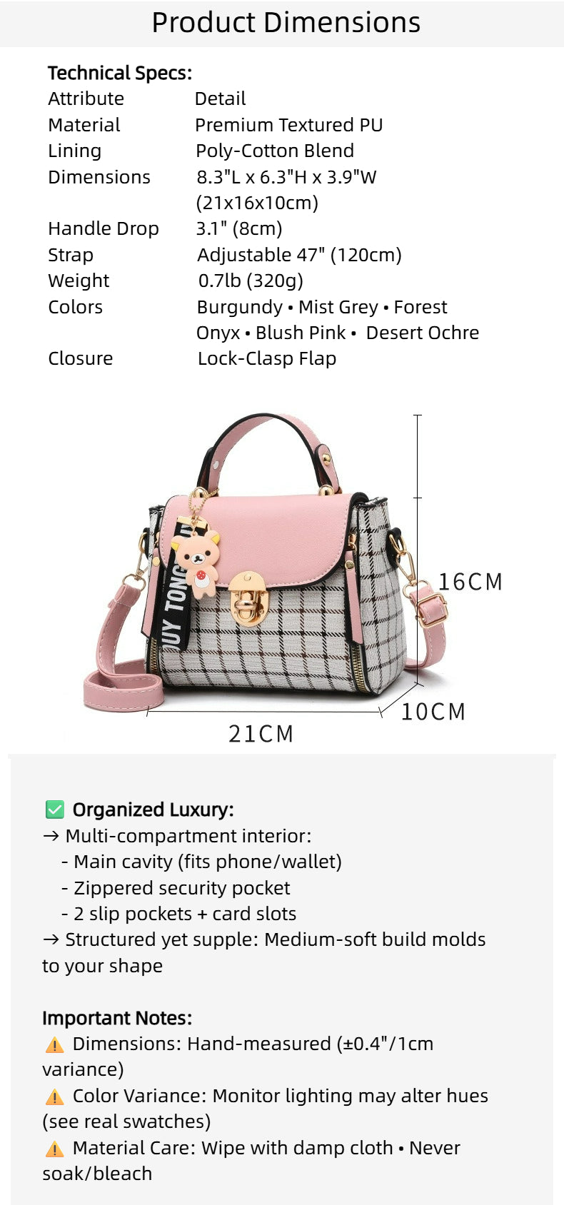 Bootara Women's Tartan-Trim Mini Crossbody - 3-Way Convertible Bag w/ Color-Block & Enamel Charms, Textured PU Small Purse