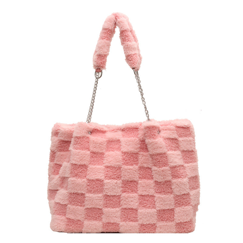 Bootara Women's Large-Capacity Plush Handbag | Trendy Quilted Chain Shoulder Bag with Patchwork Design