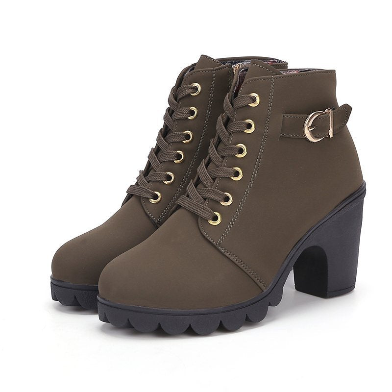 Bootara Women's Buckle Decorated Chunky Heel Ankle Boots - Side Zipper & Lace-Up Round Toe Mid-Calf Equestrian Boots (US 4-10)