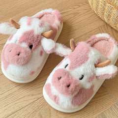 Bootara Women's Bessie Cow Plush Slippers – Cute Cow Face Winter House Shoes with Non-Slip Sole (US 5–11)