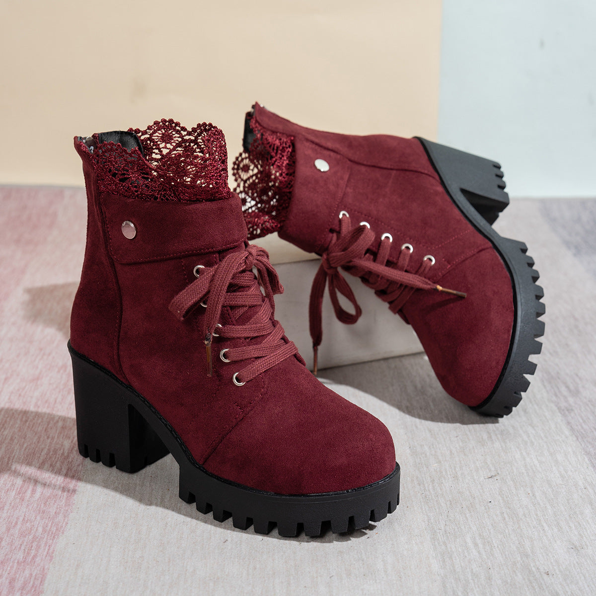 Bootara Women's Lace & Suede Heeled Boots - Chunky Heel Round Toe Vintage Ankle Boots (US 5-10.5)