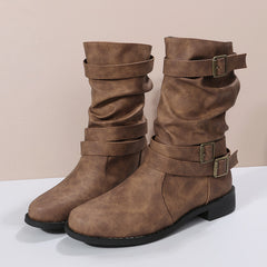 Bootara Women's Matte PU Buckle-Detailed Slouch Boots - Crushed Texture Stacked Mid-Calf Flat Boots (US 5-10.5)