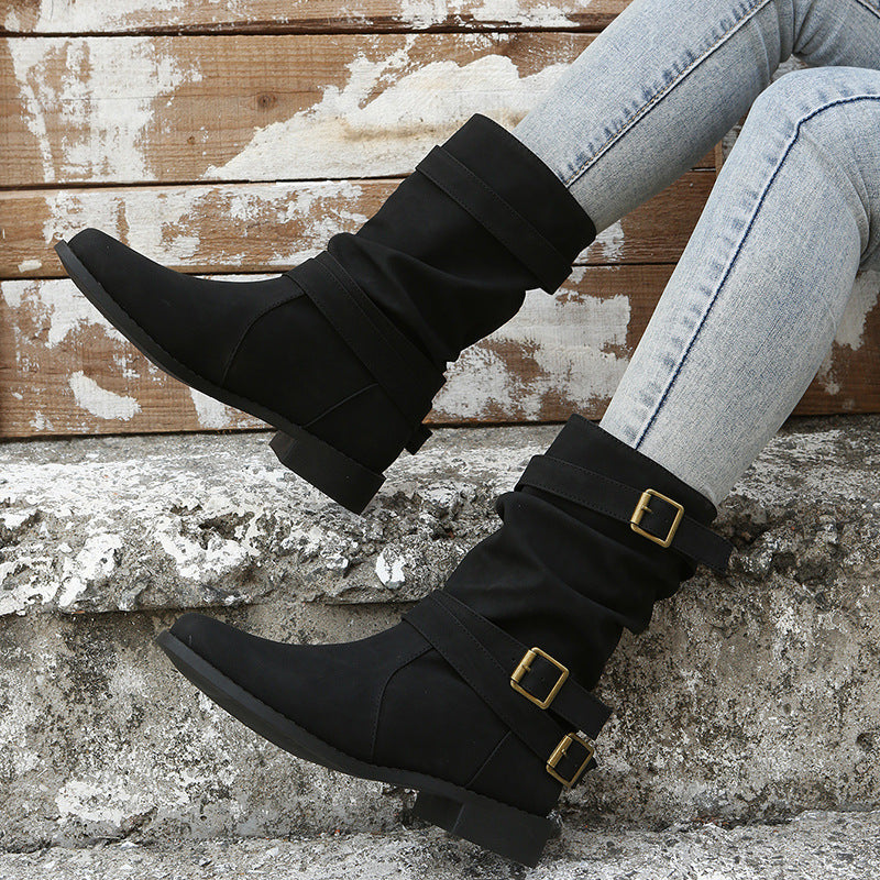 Bootara Women's Matte PU Buckle-Detailed Slouch Boots - Crushed Texture Stacked Mid-Calf Flat Boots (US 5-10.5)