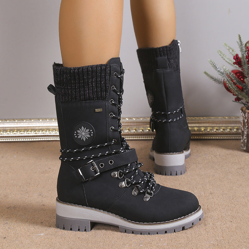 Bootara Women's Nordic Knit Combat Boot - High-Shaft Thermal Cotton Lined Snow Boots with Block Heel & Leather Accents Design (US 5-10.5)