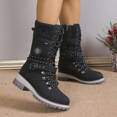 Bootara Women's Nordic Knit Combat Boot - High-Shaft Thermal Cotton Lined Snow Boots with Block Heel & Leather Accents Design (US 5-10.5)