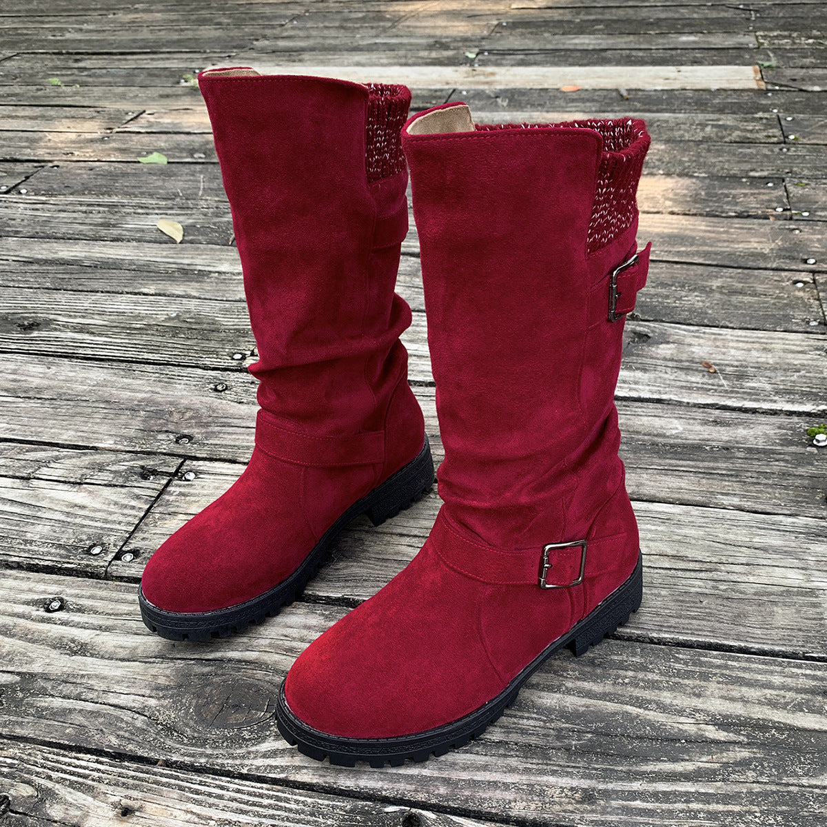 Bootara Women’s RanchWrap Buckle Mid-Calf Suede Boots – Knit Cuff Western-Style Slouchy Shoes (US 5–10.5)