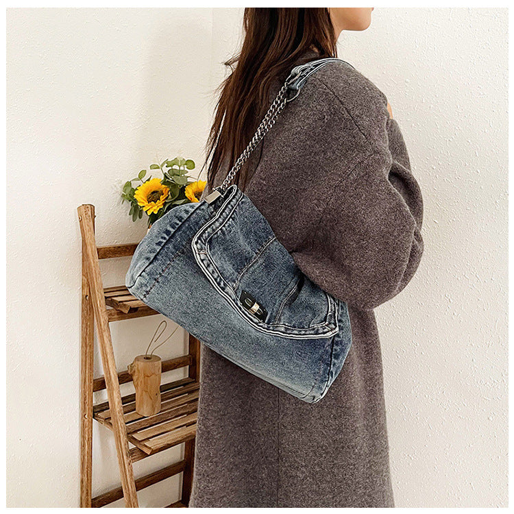 Bootara Women's Vintage Denim Tote Bag – Casual Chain Strap Shoulder Bag with Spacious Compartment Retro Commuter Essentials