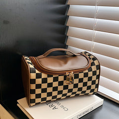 Bootara Women's Large Checkered Makeup Organizer – Oversized Travel Toiletry Bag with Zippered Pockets & Detachable Strap | Waterproof Patchwork Cosmetic Case