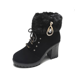 Bootara Women's Glam Knit-Cuff Boots - Rhinestone Decor Side Zip Block Heel Dress Boots (US 5-9.5)