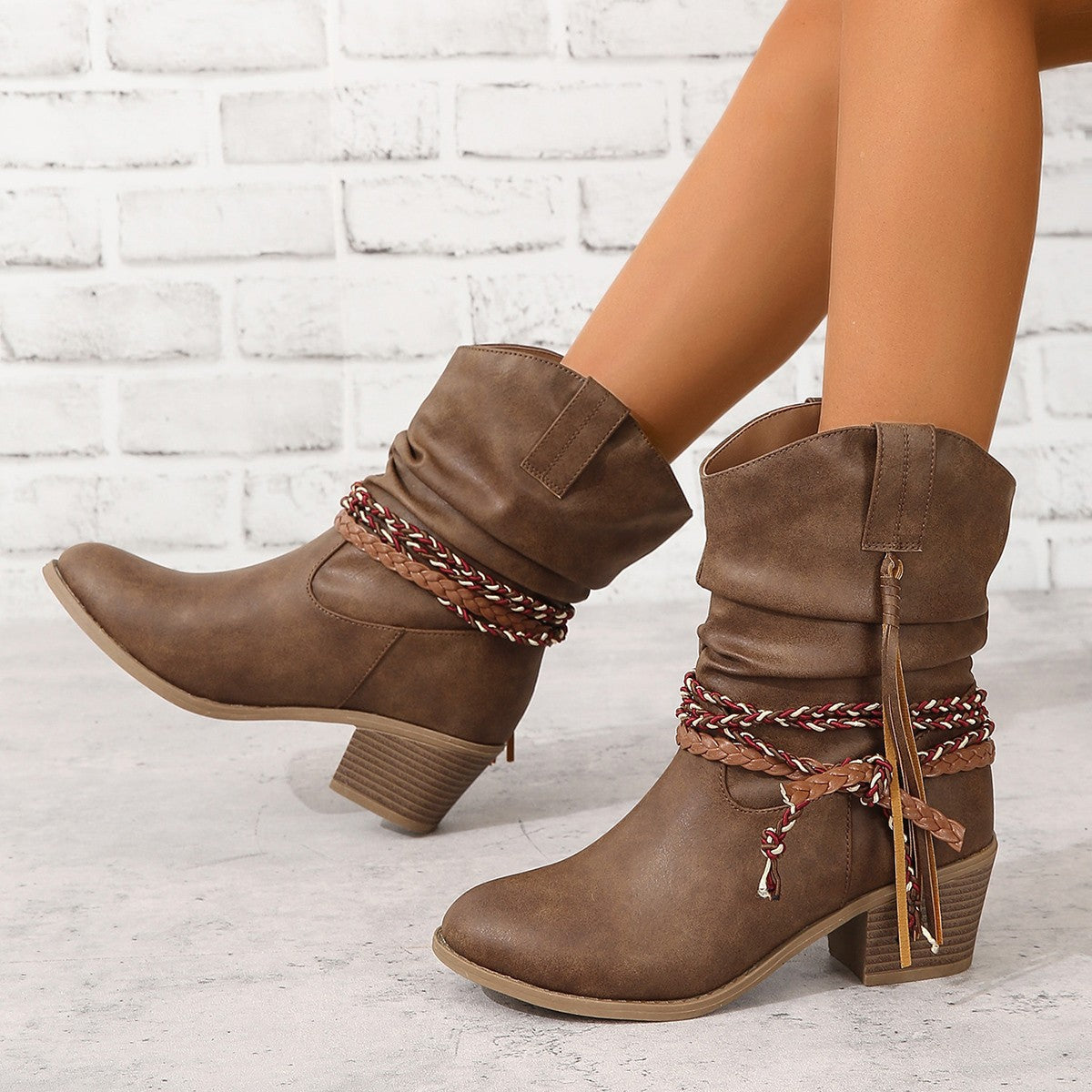 Bootara Women's Western Tassel Boots - Braided Buckle Cowboy Ankle Boots with Block Heel & Pointed Toe (US 5-10)