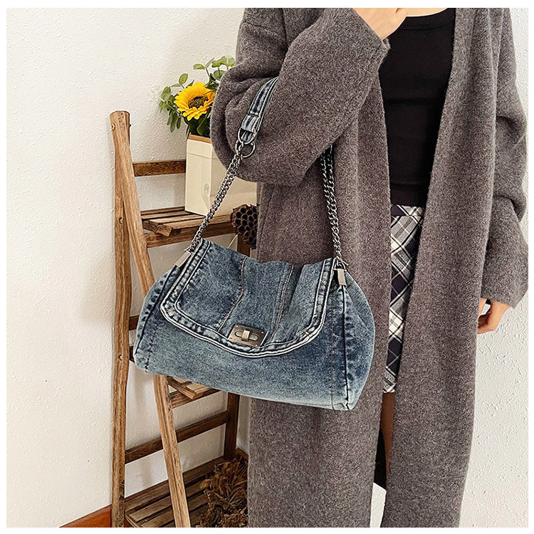 Bootara Women's Vintage Denim Tote Bag – Casual Chain Strap Shoulder Bag with Spacious Compartment Retro Commuter Essentials