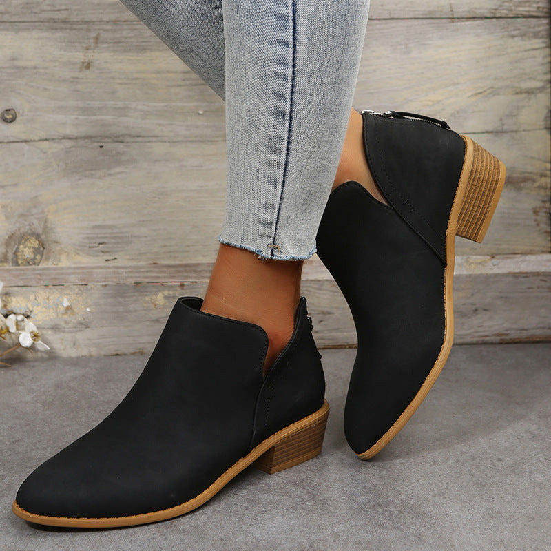 Bootara Plus Size Women's British-Inspired Solid-Color Pointed Toe Casual Fashion Boots with Rear Zipper & Low Chunky Hee
