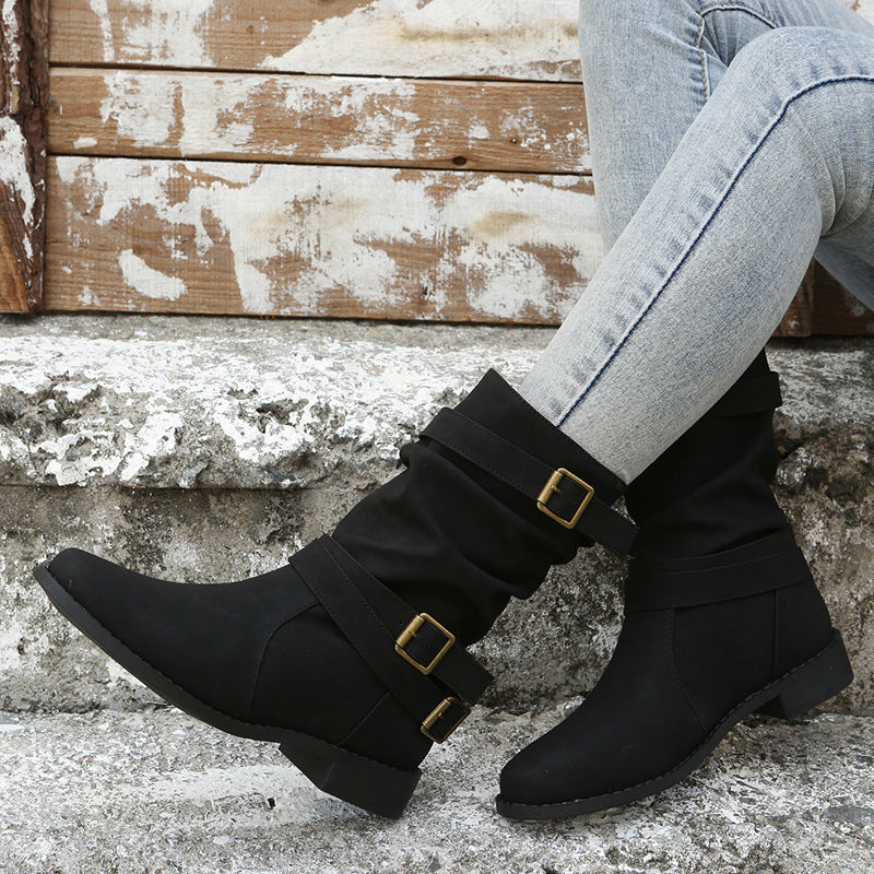 Bootara Women's Matte PU Buckle-Detailed Slouch Boots - Crushed Texture Stacked Mid-Calf Flat Boots (US 5-10.5)