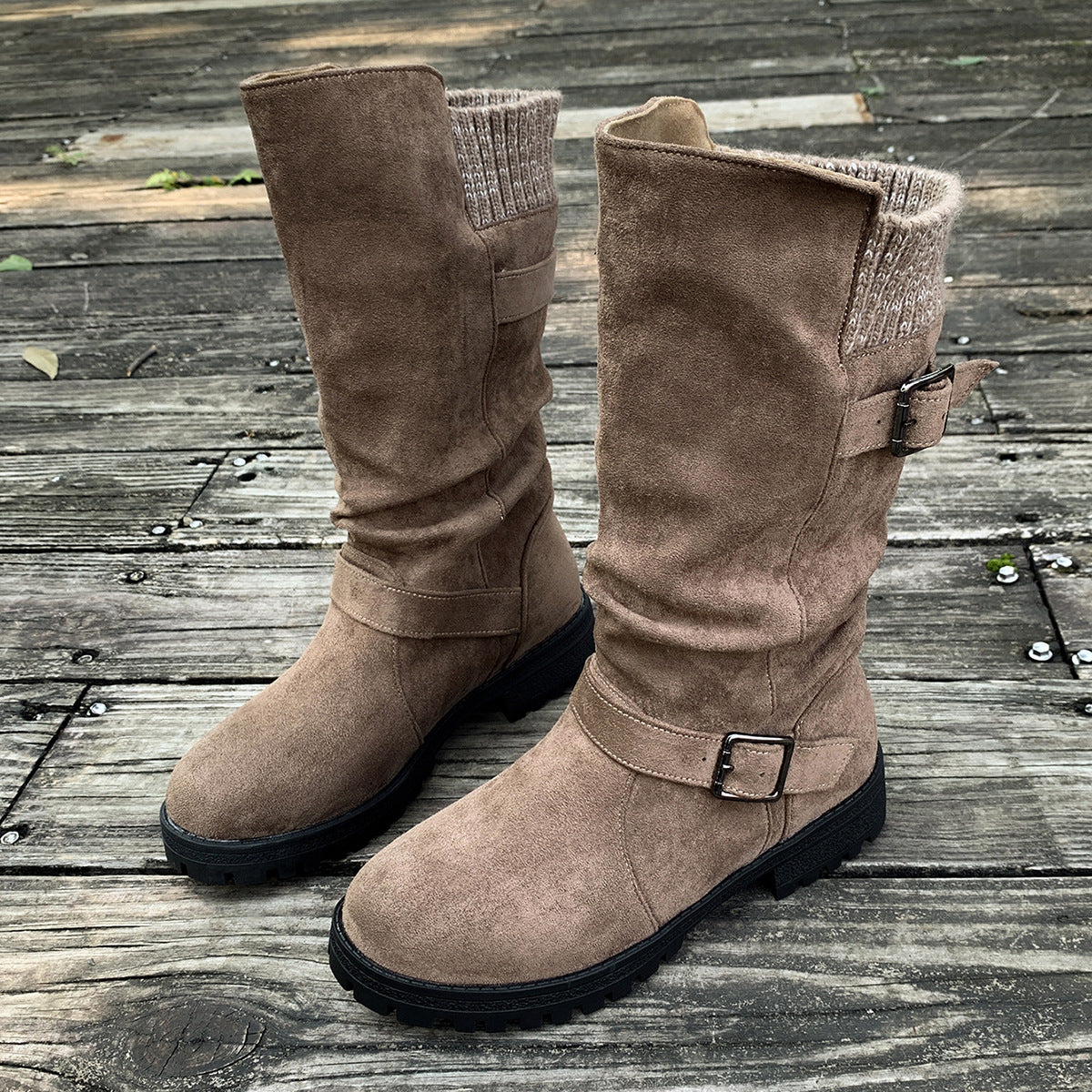 Bootara Women’s RanchWrap Buckle Mid-Calf Suede Boots – Knit Cuff Western-Style Slouchy Shoes (US 5–10.5)