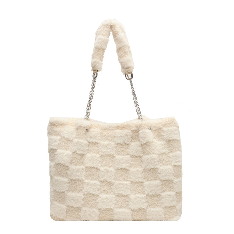Bootara Women's Large-Capacity Plush Handbag | Trendy Quilted Chain Shoulder Bag with Patchwork Design