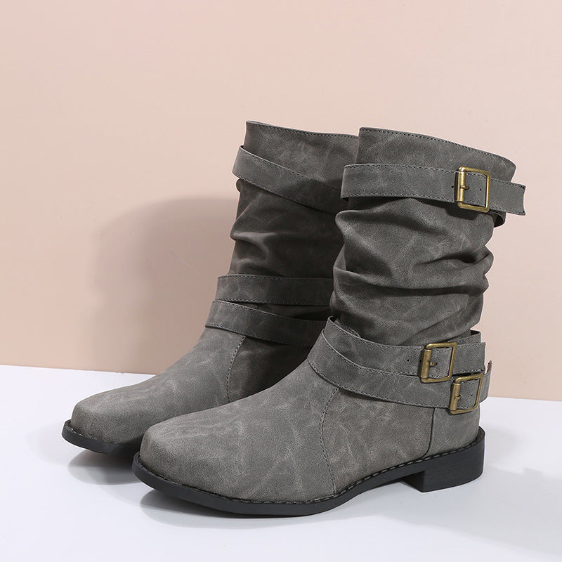 Bootara Women's Matte PU Buckle-Detailed Slouch Boots - Crushed Texture Stacked Mid-Calf Flat Boots (US 5-10.5)