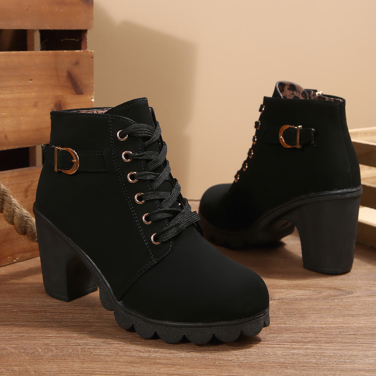 Bootara Women's Buckle Decorated Chunky Heel Ankle Boots - Side Zipper & Lace-Up Round Toe Mid-Calf Equestrian Boots (US 4-10)