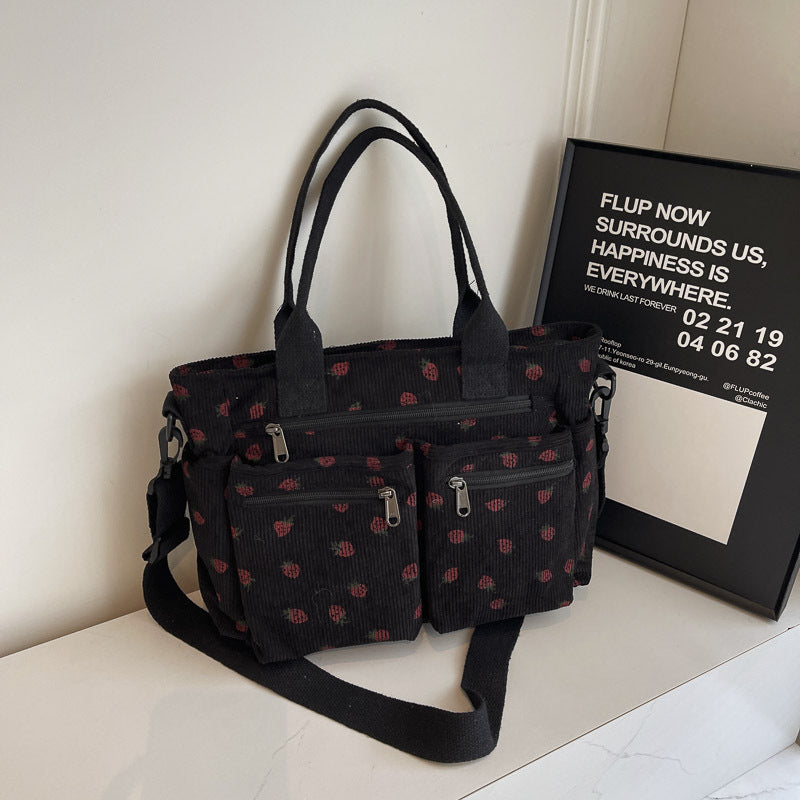 Bootara Women's Corduroy Cherry Print Tote Bag – Versatile Women's Strawberry Shoulder & Crossbody Large Capacity Mommy Bag