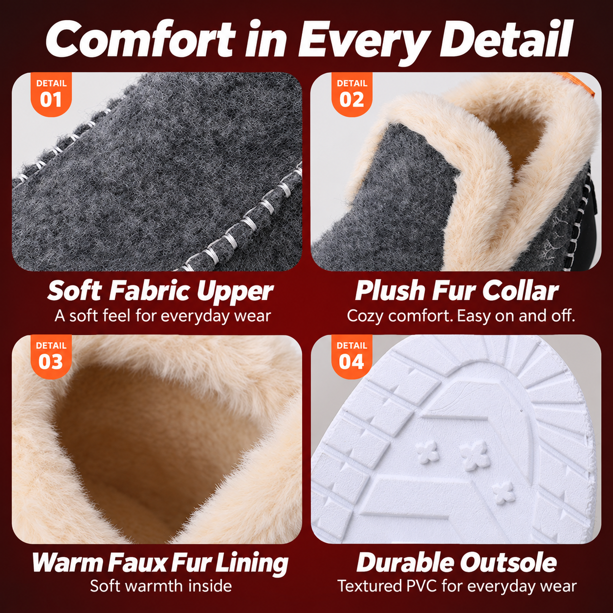 Bootara Wrenvale comfort details - fabric, fur collar, lining and outsole