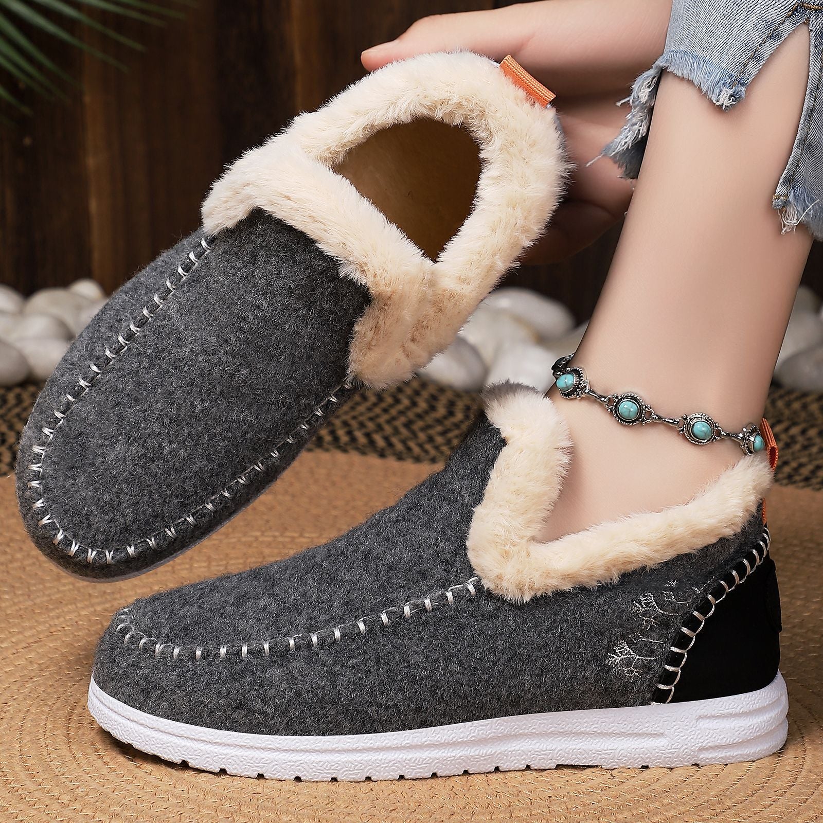 Bootara Wrenvale Gray faux fur lined slip-on moccasins