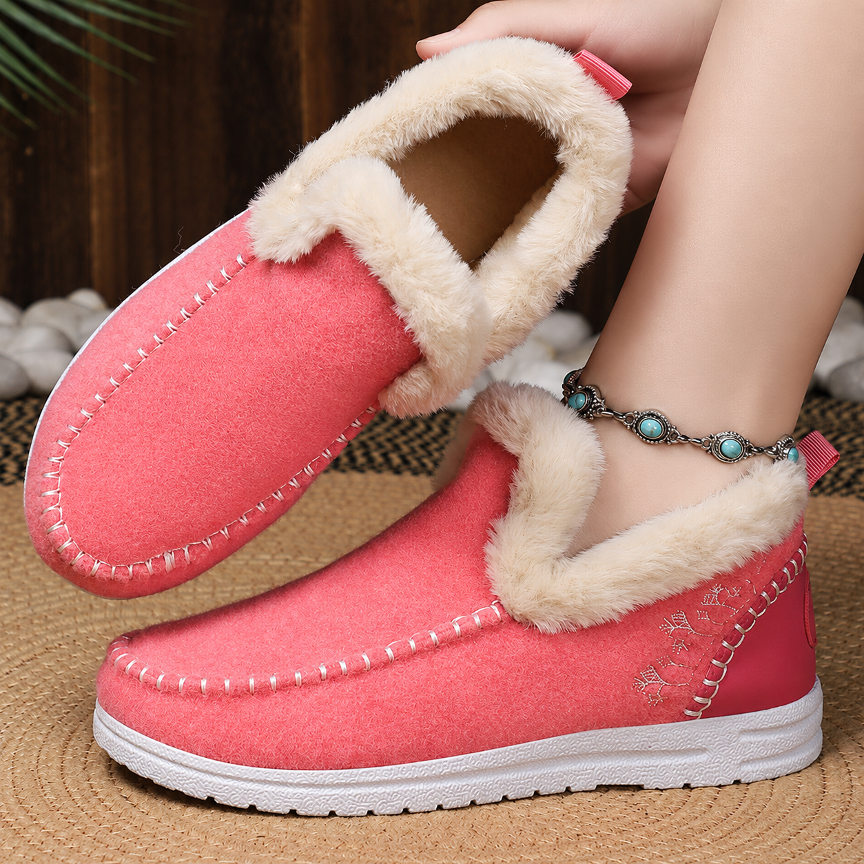 Bootara Wrenvale Rose Red faux fur lined moccasins - detail 6