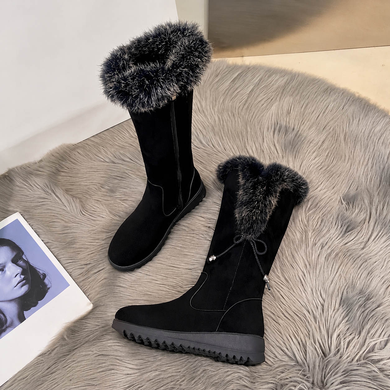 Bootara Elowick Black tall fur cuff winter boots - pair detail