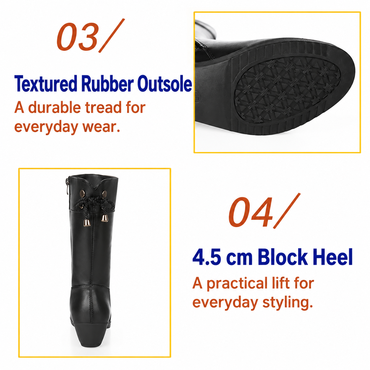 Bootara Brinelle Black - textured rubber outsole and block heel