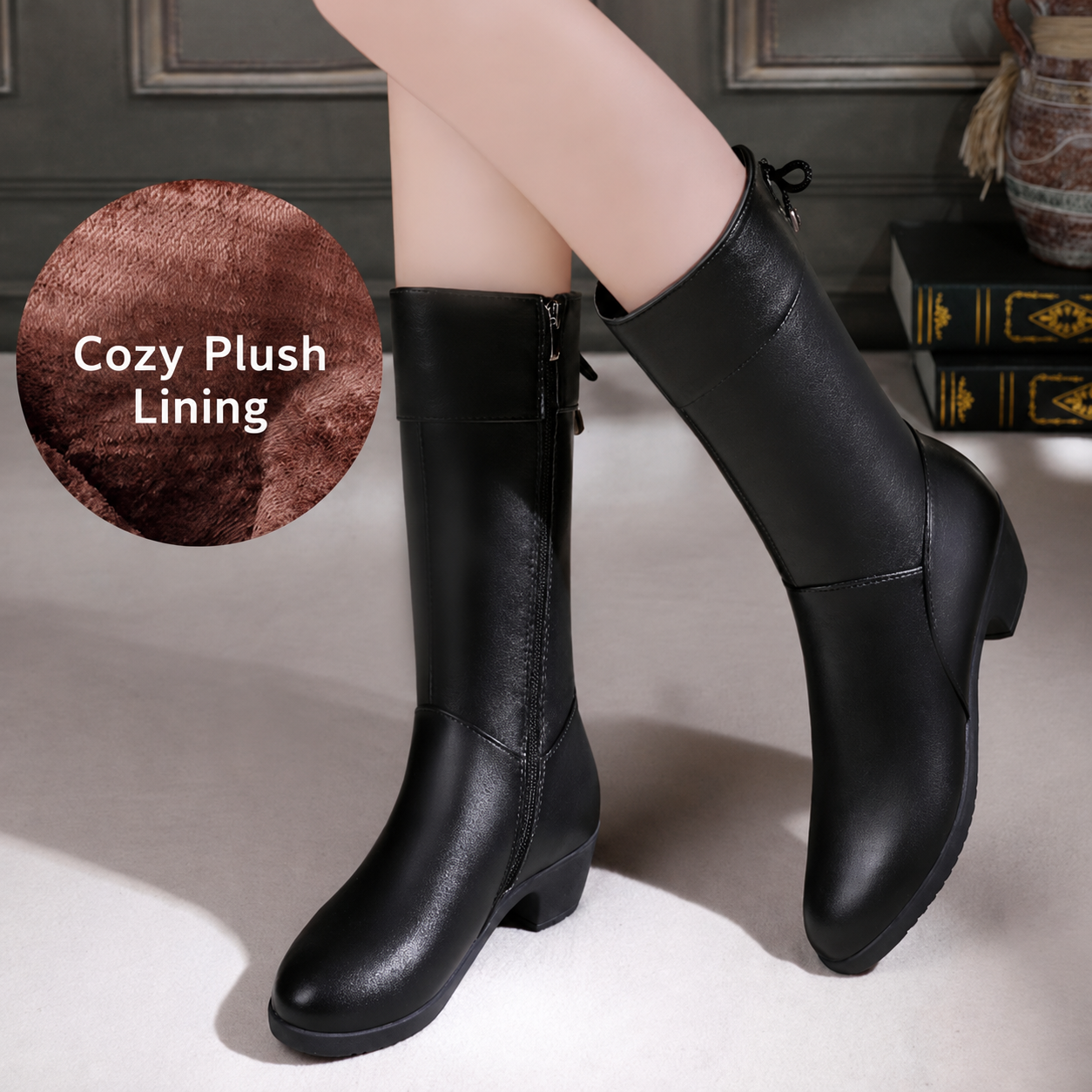 Bootara Brinelle Black - cozy plush lining on-foot view