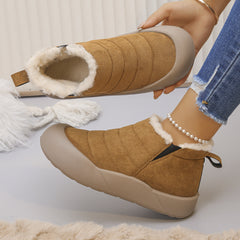 Sorielle Mustard winter ankle boots worn on foot and showing plush lining
