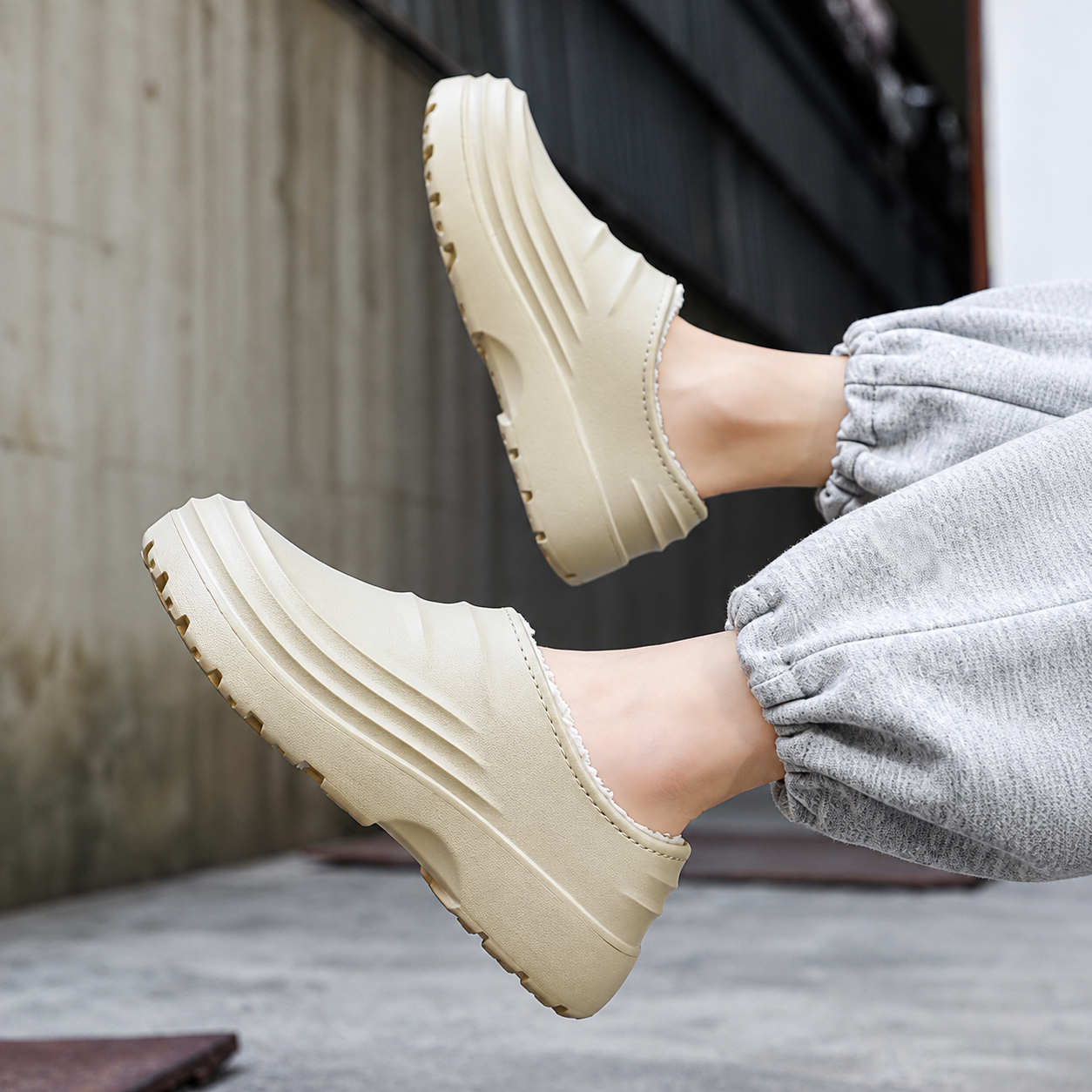 Rovelle Beige plush lined slip-on clogs worn on foot, view 3